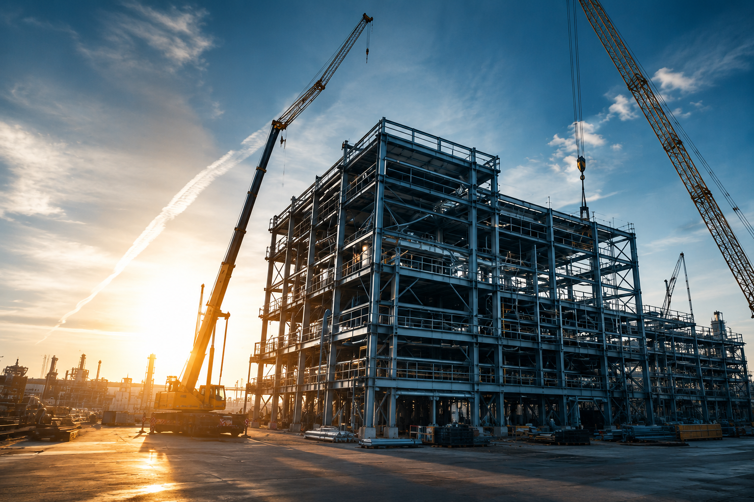 Stahlbau-Konstruktion mit Kränen auf einer Industriebaustelle